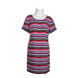 Cynthia Rowley Multicolor Stripe Shift Short Sleeve Dress Size 10 Gold Zip Mod